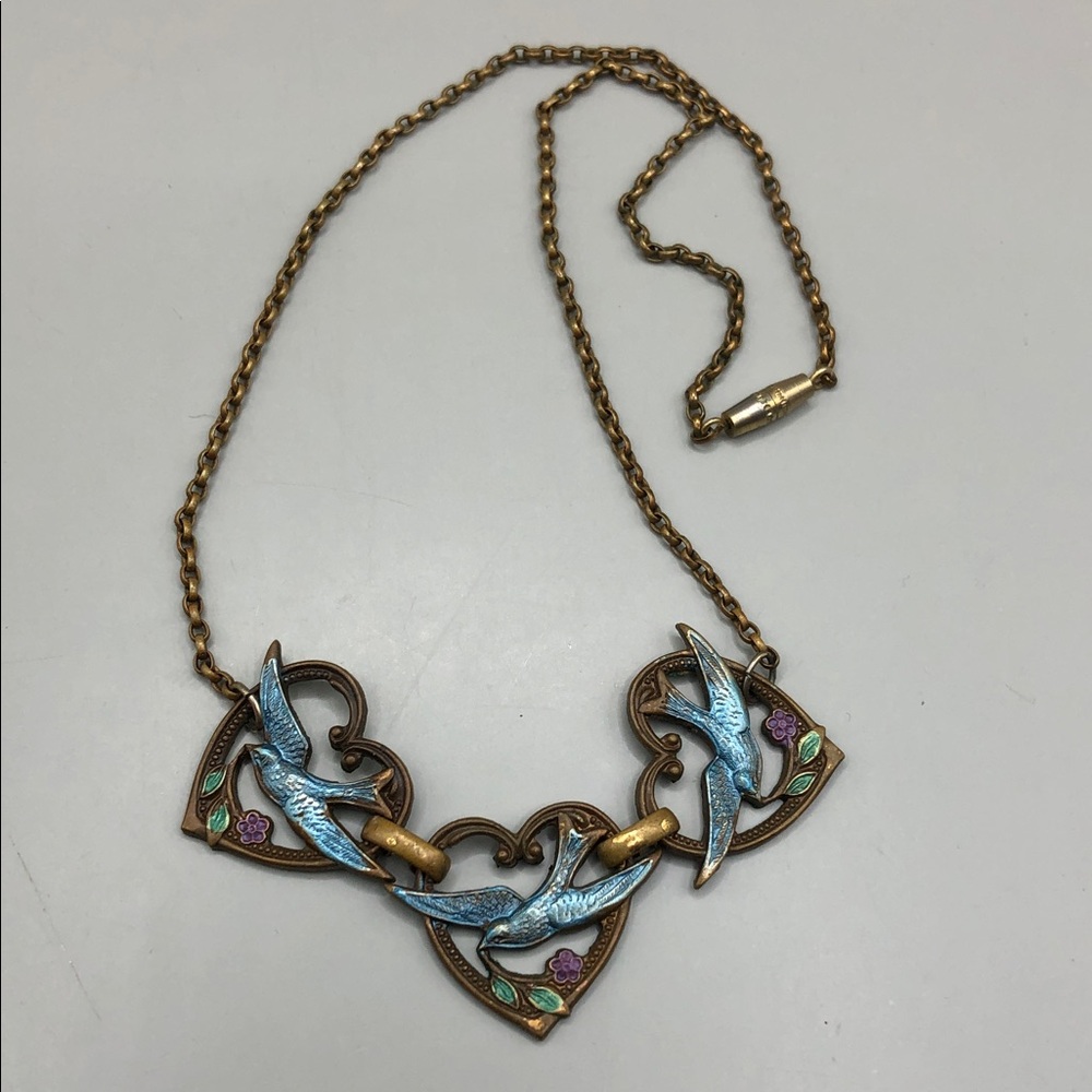 CH flower heart necklace + vintage birds chain necklace layered look boho. - Picture 4 of 9